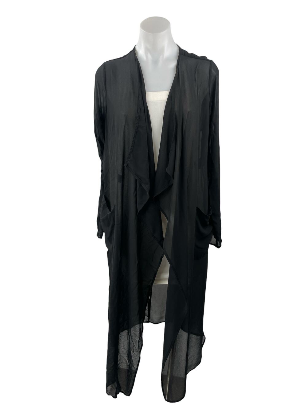 Poetry Black Mesh Sheer Long Sleeve Drape Waterfall Longline Robe Sleepwear OS